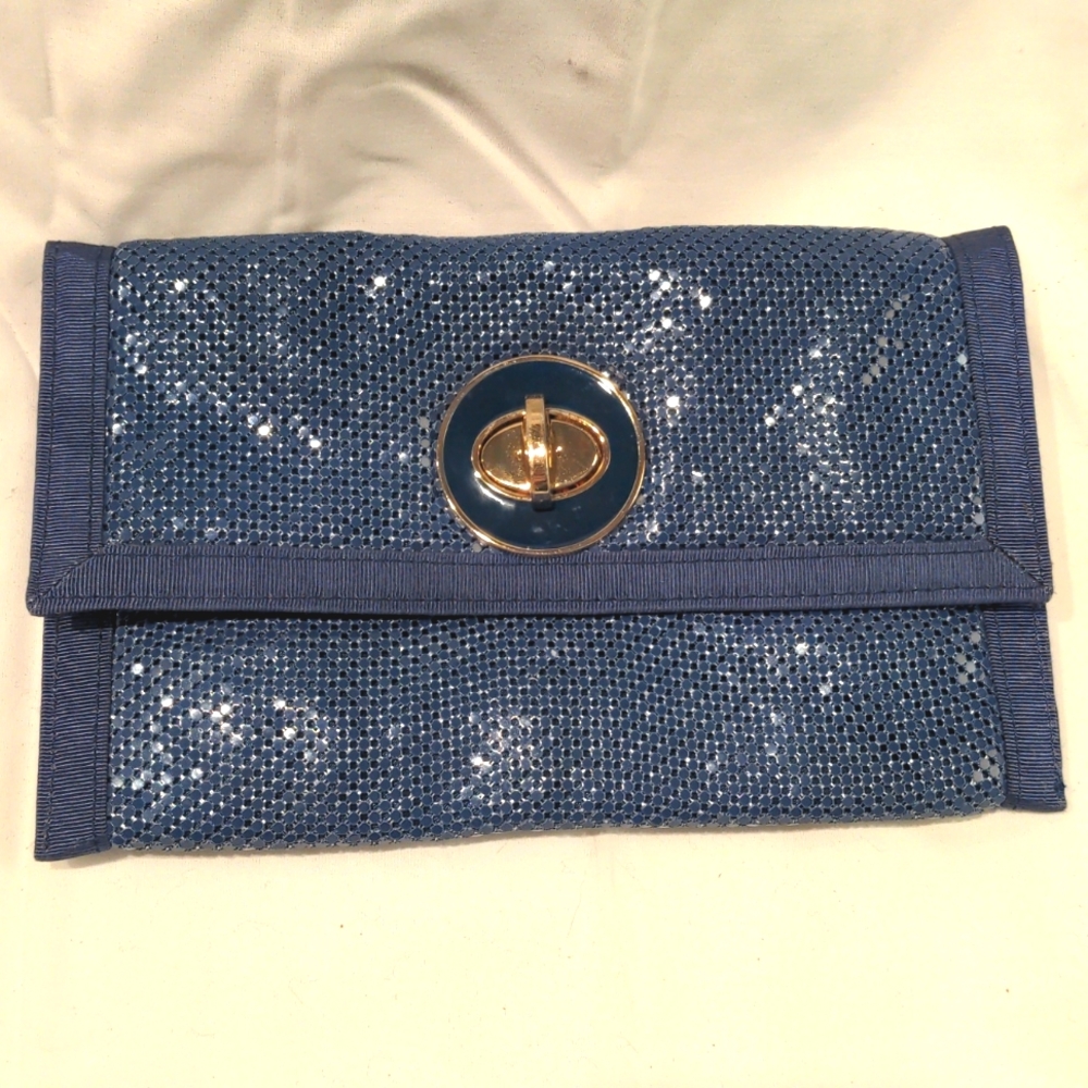 Blue and gold clutch handbag